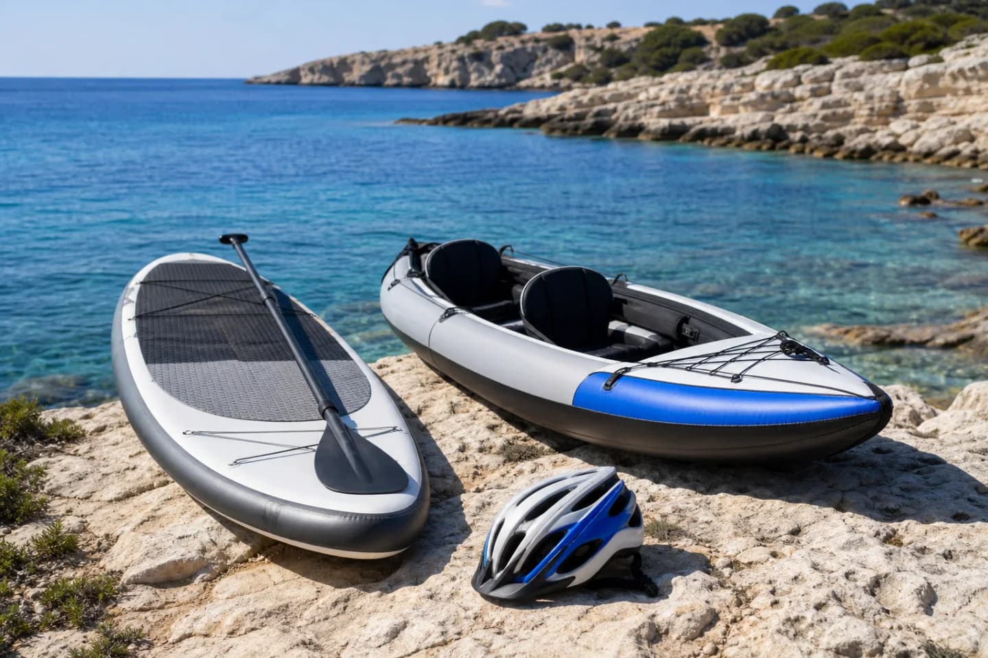 Akdeniz kıyısında SUP board, kano ve bisiklet kaskı